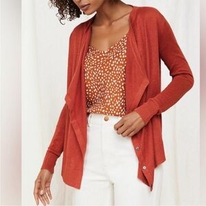 Garnet Hill Easy Linen Drape Front Cardigan Rust Orange Button Front